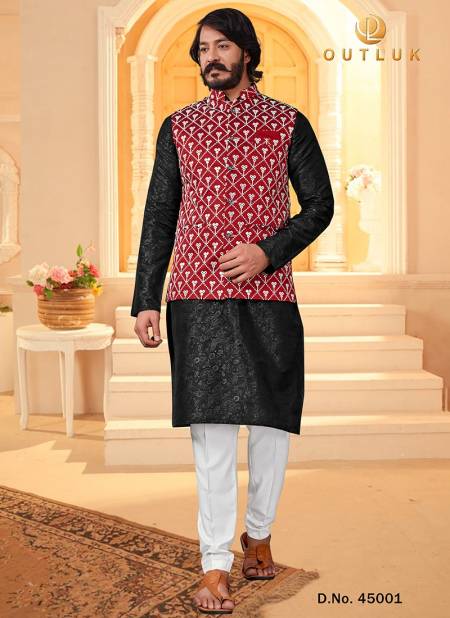 Black Colour Party Wear Art Silk Jacquard Print Kurta Pajama With Jacket Mens Collection 45001